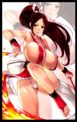 1girl areola_slip artist_request barefoot black_border border breasts brown_eyes brown_hair cameltoe covered_erect_nipples fatal_fury feet fire folded_fan folding_fan gloves hand_fan huge_breasts japanese_clothes legs long_hair motion_lines nipples panties pelvic_curtain ponytail pussy revealing_clothes shiranui_mai simple_background smile solo sweat the_king_of_fighters thighs thong toeless_legwear toes underwear white_panties zoom_layer rating:Explicit score:94 user:danbooru