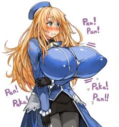 ... 10s 1girl atago_(kancolle) beret black_gloves blonde_hair blush breast_expansion breasts covered_erect_nipples gigantic_breasts gloves green_eyes hat jacket kantai_collection long_hair military military_uniform pantyhose sachito skirt sweat uniform  rating:Questionable score:93 user:yareyaredaze