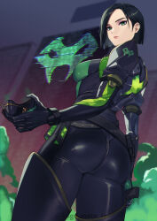  1girl absurdres animification ass black_bodysuit black_gloves black_hair bob_cut bodysuit breasts closed_mouth commentary_request from_below gloves green_bodysuit green_eyes highres holding holding_mask kagematsuri long_sleeves looking_at_viewer looking_back mask medium_breasts multicolored_bodysuit multicolored_clothes short_hair skin_tight smoke solo standing twitter_username upper_body valorant viper_(valorant) 
