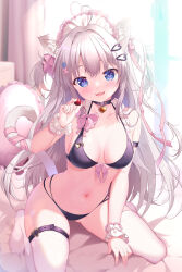  1girl :3 :d ahoge animal_ear_fluff animal_ears arm_strap bare_shoulders between_legs bikini black_bikini black_choker bloom blue_eyes blush bow bow_bikini breasts cameltoe cat_ears cat_girl cat_tail choker collarbone commentary_request curvy day eyelashes eyes_visible_through_hair fang fingernails floating_hair frilled_wrist_cuffs frills gluteal_fold grey_hair hair_between_eyes hair_bow hair_intakes hair_ornament hair_over_shoulder hair_ribbon hairclip halterneck hand_between_legs hand_up happy hashtag-only_commentary heart heart_ahoge heart_choker heart_hair_ornament highleg highleg_bikini highres holding holding_heart indoors kneeling knees_out_of_frame large_breasts leaning_forward lens_flare long_hair looking_at_viewer maid_headdress mikeou navel no_shoes on_bed open_mouth original pink_bow pink_ribbon ribbon sidelighting sidelocks skindentation slit_pupils smile solo stomach striped_bow swimsuit tail tail_ornament tail_raised tail_ribbon thigh_strap thighhighs thighs tiptoes tsurime two_side_up very_long_hair white_thighhighs white_wrist_cuffs window wrist_cuffs x_hair_ornament 