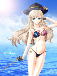 1girl american_flag_bikini american_flag_print american_flag_swimsuit anchor_symbol arm_at_side arm_up bad_id bad_pixiv_id bare_arms bare_legs bare_shoulders bead_necklace beads bikini black_gloves black_hat blonde_hair blue_sky bow bow_bikini breasts character_name cleavage closed_mouth cloud collarbone day earrings eyelashes female_focus flag_print gloves gluteal_fold green_eyes half_gloves hand_on_own_head hat highres holding jewelry large_breasts legs legs_together light_smile long_hair looking_at_viewer mismatched_bikini missouri_(warship_girls_r) navel neck necklace outdoors print_bikini sky smile smoking_pipe solo standing star_(symbol) star_earrings star_necklace strapless strapless_bikini sun sunlight swimsuit tansoku102cm underboob warship_girls_r water