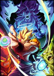 4boys absurdres broly_(dragon_ball_super) clenched_teeth crossed_arms dragon_ball dragon_ball_super dragon_ball_super_broly dragonball_z fangs fingernails gogeta halo highres janemba looking_at_viewer multiple_boys muscular muscular_male omega_shenron open_mouth rykun_dsz sharp_fingernails spiked_hair super_saiyan super_saiyan_4 teeth vest 