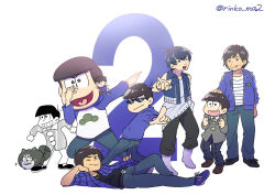  6+boys animalization antenna_hair arm_up black_hair black_shirt black_undershirt blazer blue_eyes blue_footwear blue_hair blue_hoodie boots bowl_cut buttons chain_necklace character_doll child clenched_hands collared_shirt cosplay cropped_jacket denim dog f6 facial_hair freckles green_necktie grey_jacket grin hand_on_another&#039;s_head hand_on_own_hip hands_in_pockets hood hoodie idol idol_clothes index_finger_raised jacket jeans jewelry kashiwagi_yusuke looking_at_another looking_at_viewer male_focus mascot_costume matsu_symbol matsuno_karamatsu matsuno_karamatsu_(cosplay) matsuno_osomatsu multiple_boys multiple_persona mustache nakamura_yuuichi necklace necktie open_clothes open_jacket osomatsu-kun osomatsu-san osomatsu-san_on_stage_-_six_men&#039;s_show_time osomatsu-san_the_movie outstretched_hand pants pointing raglan_sleeves real_life rinko_ma2 school_uniform see-through_body shirt sleeveless sleeveless_jacket smile sparkle sweatdrop time_paradox voice_actor white_background white_footwear 