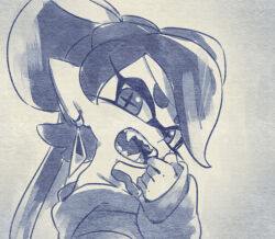  1girl bow-shaped_hair callie_(splatoon) commentary_request cross-shaped_pupils earrings fangs finger_in_own_mouth hood hood_down hoodie inkling jewelry long_hair long_sleeves looking_at_viewer mole mole_under_eye monochrome mouth_pull nintendo open_mouth pointy_ears portrait solo splatoon_(series) swept_bangs symbol-shaped_pupils tentacle_hair thick_eyebrows triangle_earrings twintails ukata 