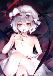 1girl absurdres blood bloomers blush crossed_legs fang female_focus fingernails flat_chest grey_hair hair_between_eyes hat highres ke-ta loli looking_at_viewer mob_cap nipples non-web_source petite red_eyes remilia_scarlet scan sharp_fingernails sitting solo tongue tongue_out topless touhou underwear white_bloomers white_hat rating:Questionable score:70 user:danbooru