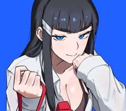  1girl black_hair blue_eyes breasts cleavage collarbone gungye hair_ornament hairclip hand_on_own_chin highres holding holding_leash kill_la_kill kiryuuin_satsuki leash long_hair long_sleeves looking_at_viewer naughty_face open_clothes open_shirt simple_background smile solo thick_eyebrows 