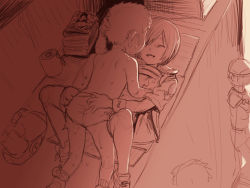  1girl 2equal8 3boys ass_grab child_on_child closed_eyes clothes_lift unworn_clothes hetero loli magazine_(object) missionary monochrome multiple_boys open_mouth original red_theme sex shirt_lift short_hair shorts unworn_shorts shota sketch stealth_sex sweat toilet_paper tomboy topless_male  rating:Explicit score:245 user:Dweenie