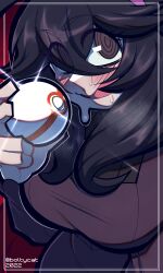  1girl @_@ absurdres black_eyes black_hair boltycat breasts creatures_(company) game_freak hex_maniac_(pokemon) highres holding holding_poke_ball large_breasts long_sleeves looking_at_viewer nintendo open_mouth poke_ball pokemon pokemon_xy premier_ball solo sweat upper_body 