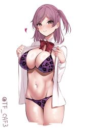  1girl alternate_costume animal_print bikini blush bow bowtie breasts cleavage closed_mouth cowboy_shot cropped_legs hagikaze_(kancolle) highres kantai_collection large_breasts leopard_print long_sleeves looking_at_viewer medium_hair navel one-hour_drawing_challenge open_clothes open_shirt purple_bikini purple_eyes purple_hair red_bow red_bowtie simple_background smile solo swimsuit tf_cafe twitter_username white_background 