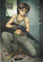 1girl ammunition bang-you breasts brown_eyes brown_hair cleavage gloves gun highres holding holding_weapon large_breasts magazine_(weapon) midriff military mossberg_500 mossberg_590 muscular navel non-web_source original pump_action reloading shell_casing short_hair shotgun shotgun_shell smoke smoking_barrel solo squatting sunglasses sweat tank_top toned trigger_discipline weapon rating:Sensitive score:107 user:danbooru