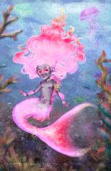  1boy androgynous bare_shoulders bubble child colored_skin coral fish full_body grey_skin highres jellyfish jewelry long_hair lucifiel_gebet male_focus merman monster_boy nipples original pink_hair red_eyes smile solo tail underwater water  rating:Sensitive score:9 user:Lucifersama