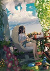  1girl absurdres achiki air_conditioner animal animal_on_lap bare_legs barefoot black_hair blue_flower blue_sky blurry book bowl brick cat cat_on_lap chair closed_mouth cloud cup dappled_sunlight day depth_of_field drink drinking_glass dutch_angle flower flower_pot from_side garden grey_hair headpat highres holding holding_book laundry leaf long_hair looking_away morning_glory net office_chair on_lap open_mouth orange_flower original outdoors pet_bowl pink_flower plant potted_plant purple_flower scenery shelf shirt short_sleeves shorts sitting sky smile solo sunlight swivel_chair t-shirt table tree vines watering_can white_shirt wind yawning  rating:General score:6 user:danbooru