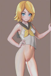  1girl aruman belt black_sailor_collar blonde_hair blue_eyes blush bottomless breasts brown_background censored collarbone cowboy_shot female_focus hand_on_own_hip hand_up highres kagamine_rin looking_at_viewer navel neckerchief pussy sailor_collar shiny_skin shirt short_hair simple_background sleeveless sleeveless_shirt small_breasts smile solo standing third-party_edit vocaloid white_shirt yellow_neckerchief  rating:Explicit score:55 user:Queen_of_traps