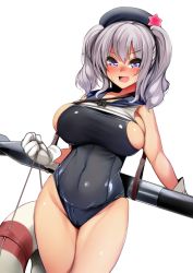 1girl :d alternate_costume belt beret blush breasts bursting_breasts cameltoe cosplay covered_navel cowboy_shot crop_top eyebrows female_focus gen_(black_factory) gloves grey_hair hair_between_eyes hat highres holding kantai_collection kashima_(kancolle) large_breasts lifebuoy looking_at_viewer one-piece_swimsuit open_mouth purple_eyes ro-500_(kancolle) ro-500_(kancolle)_(cosplay) school_swimsuit sideboob simple_background skindentation sleeveless smile solo star_(symbol) string sweat swim_ring swimsuit swimsuit_under_clothes taut_clothes taut_swimsuit torpedo undersized_clothes weapon white_background white_gloves rating:Questionable score:59 user:danbooru