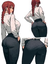  1girl ass black_pants braid braided_ponytail chainsaw_man from_behind from_side hand_in_pocket high-waist_pants highres long_sleeves looking_at_viewer looking_back makima_(chainsaw_man) pants red_hair shirt standing white_background white_shirt zeon_(zzeeonn)  rating:Sensitive score:123 user:danbooru