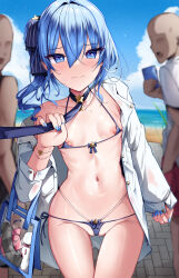  1girl 2boys a_re absurdres bikini bikini_under_clothes blue_eyes blue_hair blue_nails blush breasts embarrassed faceless faceless_male hair_between_eyes hair_ribbon highres hitachi_magic_wand hololive hoshimachi_suisei jacket leash looking_at_viewer micro_bikini multiple_boys nail_polish navel nipples off_shoulder open_clothes open_jacket outdoors public_indecency public_nudity ribbon sex_toy side_ponytail small_breasts solo_focus stomach swimsuit vibrator viewer_holding_leash virtual_youtuber white_jacket  rating:Questionable score:68 user:danbooru