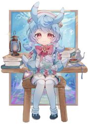  1girl air_bubble antennae black_shorts blue_footwear blue_hair blue_shirt book book_stack border bow bowtie brooch bubble crossed_bangs cup full_body genshin_impact gloves hair_ornament hat highres holding holding_jar jar jewelry knees_together_feet_apart looking_at_viewer low_twintails medium_hair nurse_cap oil_lamp on_chair onabe_mogu outside_border pantyhose pink_bow pink_bowtie pink_eyes pom_pom_(clothes) pom_pom_hair_ornament shirt shirt_bow short_twintails shorts sigewinne_(genshin_impact) simple_fish sitting smile solo stool straight-on table tea tea_set teacup teapot twintails unworn_ribbon water white_border white_gloves white_hat white_pantyhose white_shirt 