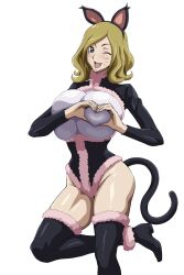  1girl animal_ears ass blonde_hair blue_eyes breasts cat_ears cat_tail code_geass covered_erect_nipples female_focus highres huge_breasts iwao178 long_hair milly_ashford open_mouth smile tail 