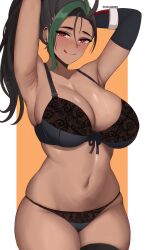  :q absurdres alternate_breast_size armpits arms_behind_head arms_up bad_id bad_pixiv_id black_bra black_hair black_panties black_thighhighs blush bra breasts cleavage closed_mouth commentary creatures_(company) curvy dark-skinned_female dark_skin edmun6969 elbow_gloves freckles game_freak gloves green_hair heart heart-shaped_pupils highres large_breasts licking_lips long_hair multicolored_hair navel nemona_(pokemon) nintendo orange_eyes panties pokemon pokemon_sv ponytail single_elbow_glove skindentation stomach streaked_hair sweat symbol-shaped_pupils thighhighs tongue tongue_out underwear wide_hips  rating:Sensitive score:105 user:danbooru