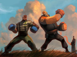 3boys bandolier battle belt boxing boxing_gloves cloud crossover dark_skin dudley epic facial_hair field fighting glasses grass multiple_boys muscular mustache robert_kim street_fighter suspenders team_fortress_2 the_heavy the_medic weapon rating:Sensitive score:3 user:danbooru