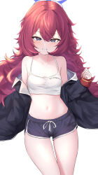  1girl absurdres awnw black_coat black_shorts blue_archive blush camisole coat collarbone dolphin_shorts feet_out_of_frame grey_eyes grin hair_between_eyes halo highres iroha_(blue_archive) long_hair long_sleeves looking_at_viewer open_clothes open_coat purple_halo red_hair shorts simple_background smile solo white_background white_camisole  rating:Sensitive score:16 user:danbooru