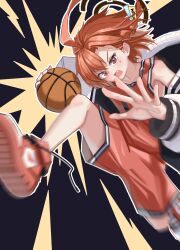  1girl alternate_costume ball basketball basketball_(object) basketball_jersey basketball_uniform blue_archive braid ch1008 halo highres holding holding_ball jacket mole mole_under_eye neru_(blue_archive) red_hair shoes shorts singlet sneakers solo sportswear sukajan 