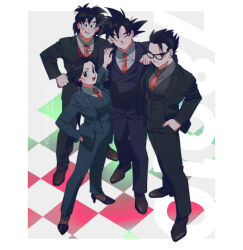  1girl 3boys black_suit chi-chi_(dragon_ball) cuuupo dragon_ball family father_and_son formal glasses hands_in_pockets husband_and_wife looking_at_viewer mother_and_son multiple_boys necktie red_necktie siblings son_gohan son_goku son_goten spiked_hair standing suit 