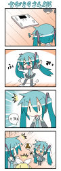 &gt;_&lt; ^^^ 0_0 4koma :d black_legwear blonde_hair blush chibi chibi_miku comic crying crying_with_eyes_open closed_eyes green_hair hair_ornament hairband hatsune_miku headphones kagamine_rin long_hair minami_(colorful_palette) necktie open_mouth outstretched_arms pleated_skirt short_hair silent_comic skirt smile spread_arms sweat sweatdrop tears thighhighs translation_request trembling twintails vocaloid weighing_scale xd zettai_ryouiki |_| rating:General score:3 user:danbooru