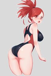  1girl alternate_costume ass breasts creatures_(company) flannery_(pokemon) game_freak highres kamidan large_breasts looking_at_viewer looking_back nintendo one-piece_swimsuit open_mouth pokemon pokemon_oras ponytail red_eyes red_hair swimsuit 