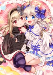  2girls :d angel_feather_alma antenna_hair black_dress black_hairband black_wings blue_bow blue_bowtie blue_eyes blush bow bowtie cheek-to-cheek closed_mouth commentary dark_feather_alma dress emil_chronicle_online feathered_wings frilled_dress frilled_pillow frills grey_bow hair_bow hairband halo heads_together heart heart-shaped_pillow highres holding_hands inou_shin interlocked_fingers long_hair long_sleeves lying multiple_girls no_shoes on_back on_bed on_side open_mouth panties pantyshot pillow pink_pillow plaid plaid_bow plaid_pillow purple_thighhighs red_bow red_bowtie red_eyes sidelocks smile socks split_mouth striped_clothes striped_thighhighs teeth thighhighs underwear upper_teeth_only white_dress white_panties white_socks white_wings wings yellow_halo 