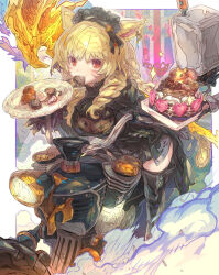  1girl animal_ears black_dress black_thighhighs blonde_hair boots braid breasts cake candy cat_ears cat_girl cat_tail chocolate chocolate_heart cleavage closed_mouth commentary_request dress drill_hair ear_piercing final_fantasy final_fantasy_xiv food food_in_mouth hair_between_eyes haku_(sabosoda) heart highres holding holding_plate long_hair looking_at_viewer medium_breasts miqo&#039;te mouth_hold nier:automata nier_(series) piercing plate pod_(nier:automata) red_eyes see-through see-through_cleavage side_drill smile solo sparkle tail thigh_boots thighhighs very_long_hair 