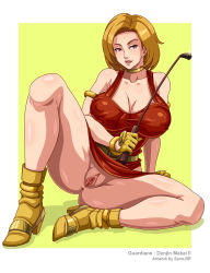  1girl absurdres ass blonde_hair breasts brown_eyes choker cleavage collar covered_erect_nipples denjin_makai_2 earrings full_body guardians_(denjin_makai_2) highres huge_body jewelry large_breasts no_bra no_panties pussy sano_br short_hair sitting skirt solo spread_legs  rating:Questionable score:25 user:jcra9903
