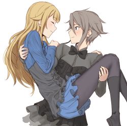 2girls absurdres ange_(princess_principal) black_bow black_footwear black_legwear black_neckwear blonde_hair blue_eyes blue_shirt blue_skirt blush boots bow bowtie carrying closed_eyes closed_mouth couple face-to-face female_focus frills grey_hair grey_shirt hair_between_eyes hair_flaps happy highres long_hair long_sleeves looking_at_another multiple_girls neck pantyhose princess_(princess_principal) princess_carry princess_principal shirt short_hair simple_background skirt smile sosona standing v-neck white_background yuri rating:Sensitive score:15 user:danbooru