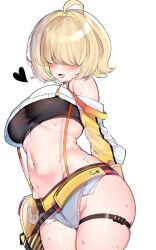  1girl ahoge arms_behind_back black_sports_bra blonde_hair blush breasts carasyun clothing_cutout crop_top cropped_sweater elegg_(nikke) exposed_pocket fang goddess_of_victory:_nikke grey_shorts hair_intakes hair_over_eyes heart hip_bones large_breasts long_bangs long_sleeves micro_shorts midriff multicolored_hair navel open_mouth short_hair shorts shoulder_cutout simple_background skin_fang skindentation solo sports_bra suspender_shorts suspenders sweat thigh_strap thighs two-tone_hair white_background 