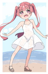  1girl :d bare_arms bare_shoulders blue_sky blush brown_footwear cloud commentary_request day dress fang full_body highres horizon kapuru_0410 long_hair looking_at_viewer ocean open_mouth outdoors purple_eyes red_hair sandals see-through_silhouette sky smile solo standing tanemura_koyori twintails very_long_hair watashi_ni_tenshi_ga_maiorita! water white_dress 
