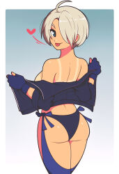  1girl :p absurdres ahoge angel_(kof) ass bare_shoulders black_jacket blue_eyes blue_gloves border breasts chaps clothes_pull cropped_jacket fading_border fingerless_gloves from_behind gloves gradient_background hair_over_one_eye heart highres jacket jeff_miga large_breasts legs looking_at_viewer looking_back no_bra one_eye_covered open_clothes open_jacket pulling_own_clothes seductive_smile short_hair sideboob smile solo standing tan tanline teasing the_king_of_fighters thick_thighs thighs tongue tongue_out white_border white_hair  rating:Sensitive score:21 user:danbooru