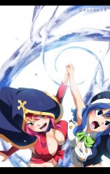  2girls black_eyes blue_hair breast_press breasts buttons cleavage fairy_tail gaston18 green_eyes hat highres hood juvia_lockser long_hair magic meredy_(fairy_tail) multiple_girls open_mouth pink_hair screaming symmetrical_docking water  rating:Questionable score:30 user:anon9