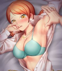 1girl aqua_bra arm_up armpit_focus armpits bed_sheet blush bra breasts brown_eyes brown_hair cleavage collarbone collared_shirt commentary_request drill_hair greenteamousou heart heart-shaped_pupils highres hojo_karen idolmaster idolmaster_cinderella_girls indoors jewelry large_breasts long_sleeves looking_at_viewer lying navel necklace on_back open_mouth parted_bangs partially_unbuttoned plaid plaid_skirt school_uniform shirt sidelocks skirt solo_focus spread_armpit star_(symbol) star_necklace steam stomach sweat symbol-shaped_pupils teeth twin_drills underwear upper_body upper_teeth_only white_shirt rating:Sensitive score:81 user:danbooru