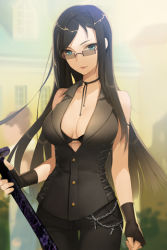  black_hair blue_eyes breasts character_request cleavage glasses large_breasts long_hair lowres sword sword_girls weapon  rating:Questionable score:22 user:Naota00_