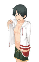 1girl arm_behind_back black_eyes black_hair blush chagamaka clothes_pull collarbone commentary cowboy_shot crossdressing drawstring embarrassed female_focus flat_chest green_male_swimwear green_swim_trunks groin highres hood hoodie kantai_collection looking_to_the_side male_swimwear male_swimwear_challenge mogami_(kancolle) naked_hoodie navel open_clothes open_hoodie open_mouth shorts shorts_pull simple_background solo standing swim_trunks swimsuit white_background rating:Questionable score:37 user:danbooru