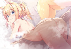  1girl animal_ear_fluff animal_ears ass blonde_hair blue_eyes blush completely_nude convenient_censoring extra_ears flat_chest fox_ears fox_girl fox_tail hair_bun hand_on_own_cheek hand_on_own_face head_rest long_hair looking_at_viewer nozomi_tsubame nude original partially_submerged ponytail short_hair short_ponytail sidelocks smile steam steam_censor suzuha_(nozomi_tsubame) tail turning_head water wet 