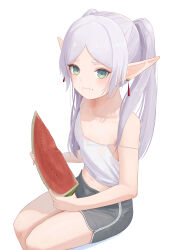  1girl absurdres black_shorts camisole closed_mouth dress earrings eating elf flat_chest food frieren fruit green_eyes highres invisible_chair jewelry long_hair looking_at_viewer midriff navel pige_pig pointy_ears short_eyebrows shorts simple_background sitting solo sousou_no_frieren spaghetti_strap thick_eyebrows twintails watermelon watermelon_slice white_camisole white_dress white_hair 