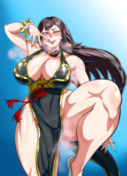  1girl alternate_costume bare_legs breasts brown_hair capcom chinese_clothes chun-li cleavage female_focus huge_breasts legs_up makeup no_bra numahana pelvic_curtain shiny_skin smile steam street_fighter tagme thick_thighs thighs wide_hips  rating:Questionable score:62 user:dretriever