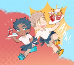  2boys @_@ apron blonde_hair blue_apron blue_background blue_eyes blue_footwear blue_hair bombyoon brown_pants brown_shorts burger character_request chibi cola collared_shirt cup dark-skinned_male dark_skin disposable_cup drinking_straw dungeon_meshi food french_fries full_body halftone halftone_background highres holding holding_tray laios_touden light_blush looking_at_another male_focus multiple_boys pants red_background roller_skates shirt short_hair short_sleeves shorts skates sweatdrop teardrop teeth tray two-tone_background two-tone_footwear undercut waist_apron waiter white_shirt yellow_eyes yellow_footwear 