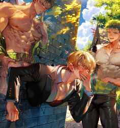  3boys abs alcohol anal bara black_jacket black_pants blonde_hair blush bottle clothes_pull cloud day earrings finger_to_mouth green_hair hand_on_own_face holding holding_bottle jacket jewelry large_pectorals male_focus male_penetrated multiple_boys muscular muscular_male navel nipples one_eye_closed one_piece open_mouth outdoors pants pants_pull pectorals public_use roronoa_zoro runa_(nori31291404) sanji_(one_piece) sex sex_from_behind shirt short_hair shushing sky smile stuck through_wall white_shirt yaoi  rating:Explicit score:33 user:danbooru
