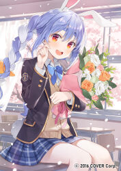  1girl :d animal_ear_fluff animal_ears black_jacket blazer blue_bow blue_bowtie blue_hair blue_skirt bouquet bow bowtie braid brown_cardigan cardigan chair classroom desk flower highres holding holding_bouquet hololive indoors jacket long_hair long_sleeves multicolored_hair open_clothes open_jacket open_mouth plaid plaid_skirt rabbit_ears rabbit_girl rabbit_tail school_chair school_desk sitting skirt smile solo tail teeth thick_eyebrows tongue twin_braids upper_teeth_only usada_pekora virtual_youtuber window yuuki_hagure 