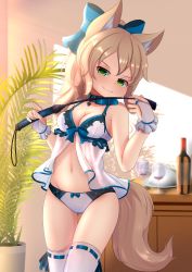  1girl absurdres animal_ear_fluff animal_ears babydoll bottle bow breasts bridal_gauntlets brown_hair cleavage collar cup drinking_glass fox_ears fox_tail gluteal_fold green_eyes hair_bow highres hotel01 long_hair navel original panties plant potted_plant ribbon riding_crop smile solo tail thigh_gap thighhighs thighs underwear underwear_only white_babydoll white_panties white_thighhighs wine_bottle wine_glass  rating:Questionable score:43 user:danbooru