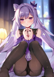  1girl :o alternate_costume ass black_panties black_pantyhose blurry blurry_background blush breasts commentary_request curtains embarrassed fingers_together genshin_impact hair_ornament indoors keqing_(genshin_impact) knees_together_feet_apart knees_up lamp looking_at_viewer miyase_mahiro open_mouth panties panties_under_pantyhose pantyhose purple_eyes purple_hair purple_sweater raised_eyebrows sitting solo sweater thighs underwear window  rating:Sensitive score:80 user:danbooru