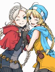  2girls :d ahoge belt braid capelet colorfag fire_emblem fire_emblem:_genealogy_of_the_holy_war fire_emblem_fates holding_hands hood hood_down hooded_capelet looking_at_viewer low_twin_braids lowres multiple_girls nina_(fire_emblem) nintendo one_eye_closed open_mouth parted_bangs patty_(fire_emblem) red_capelet single_braid smile twin_braids usachu_now 