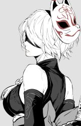  1girl 2b_(nier:automata) absurdres bare_shoulders blindfold detached_sleeves fox_mask from_side grey_background greyscale hairband highres mask mask_on_head monochrome nier:automata nier_(series) nishiii26miii obi sash short_hair simple_background solo spot_color sword weapon white_hair 